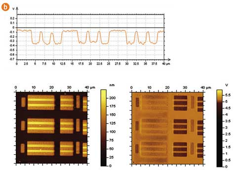 Fig.2b. KPFM topography/surface potential, SRAM structure, AFM probe HQ:DPE-XSC11, p.c. S.Magonov, Agilent