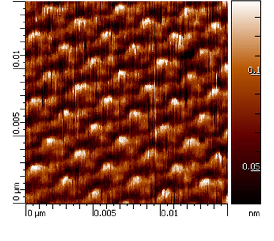 15 nm topography scan of SAM of Cholesteryl Stearate on HOPG. AFM Image obtained with MikroMasch® HQ:NSC14/Al BS AFM probe on SmartSPM ( AIST-NT Inc, Novato, CA). Image courtesy of Andrey Krayev, AIST-NT Inc 15 nm topography scan of SAM of Cholesteryl Stearate on HOPG. AFM Image obtained with MikroMasch® HQ:NSC14/Al BS AFM probe on SmartSPM ( AIST-NT Inc, Novato, CA). Image courtesy of Andrey Krayev, AIST-NT Inc
