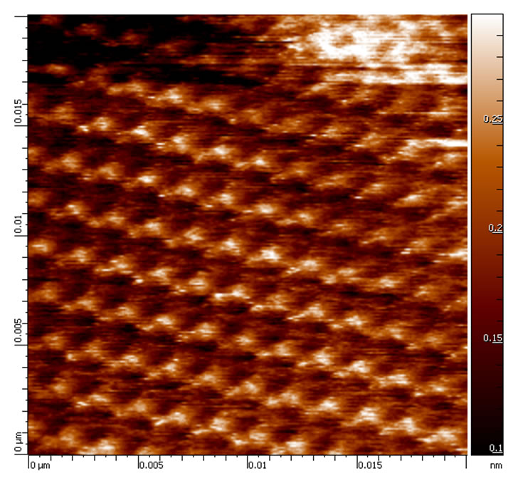 20x20 nm topography (left) and the phase shift image of SAM of Cholesteryl Stearate on HOPG. True molecular resolution is achieved in ambient conditions using MikroMasch® HQ:NSC14/Al BS AFM probe on SmartSPM ( AIST-NT Inc. Novato, CA). Image courtesy of Dmitry Evplov, AIST-NT Inc 20x20 nm topography (left) and the phase shift image of SAM of Cholesteryl Stearate on HOPG. True molecular resolution is achieved in ambient conditions using MikroMasch® HQ:NSC14/Al BS AFM probe on SmartSPM ( AIST-NT Inc. Novato, CA). Image courtesy of Dmitry Evplov, AIST-NT Inc