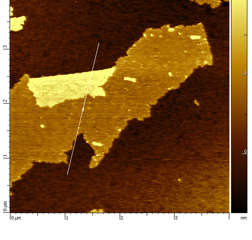 4 µm topography image and corresponding section analysis of a single layer graphene oxide flake on mica. AFM Image obtained with MikroMasch® HQ:NSC14/Al BS AFM probe on Smart SPM ( AIST-NT Inc, Novato, CA). Image courtesy of Fedor Kraev, UC Davis "