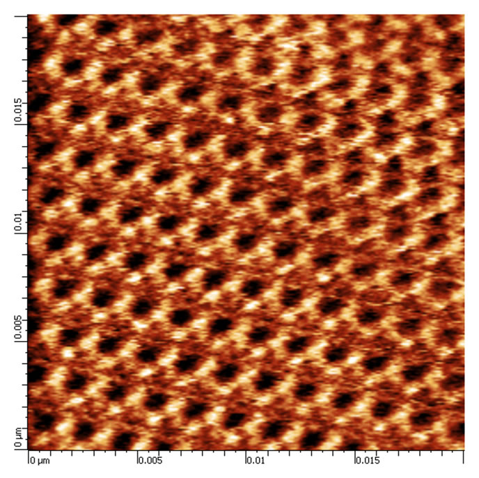 20x20 nm topography (left) and the phase shift image of SAM of Cholesteryl Stearate on HOPG. True molecular resolution is achieved in ambient conditions using MikroMasch® HQ:NSC14/Al BS AFM probe on SmartSPM ( AIST-NT Inc. Novato, CA). Image courtesy of Dmitry Evplov, AIST-NT Inc 20x20 nm topography (left) and the phase shift image of SAM of Cholesteryl Stearate on HOPG. True molecular resolution is achieved in ambient conditions using MikroMasch® HQ:NSC14/Al BS AFM probe on SmartSPM ( AIST-NT Inc. Novato, CA). Image courtesy of Dmitry Evplov, AIST-NT Inc